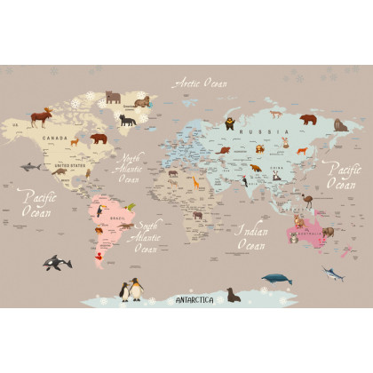 Fototapeta Animals World Map For Kids Wallpaper Design