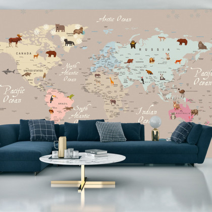 Fototapeta Animals World Map For Kids Wallpaper Design