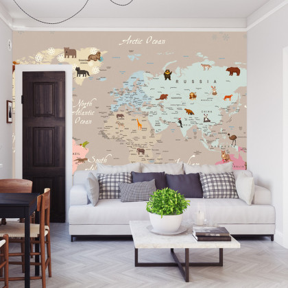 Fototapeta Animals World Map For Kids Wallpaper Design