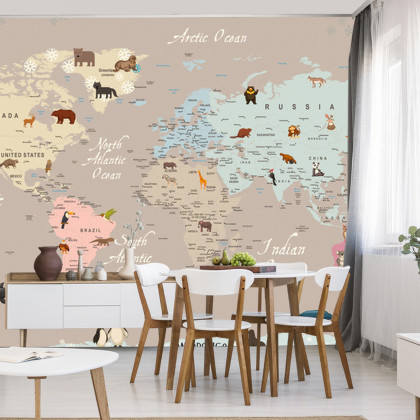 Fototapeta Animals World Map For Kids Wallpaper Design