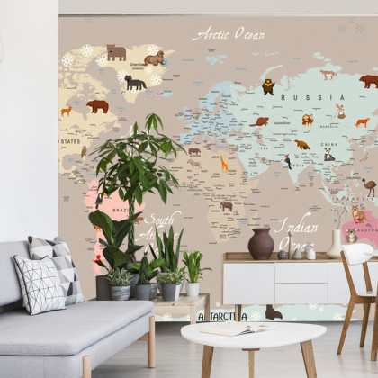 Fototapeta Animals World Map For Kids Wallpaper Design