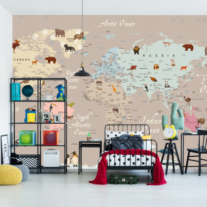Fototapeta Animals World Map For Kids Wallpaper Design
