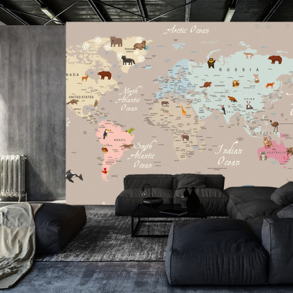 Fototapeta Animals World Map For Kids Wallpaper Design