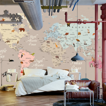 Fototapeta Animals World Map For Kids Wallpaper Design