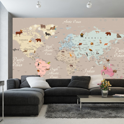 Fototapeta Animals World Map For Kids Wallpaper Design