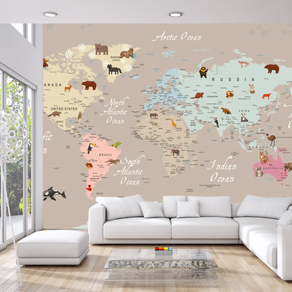 Fototapeta Animals World Map For Kids Wallpaper Design