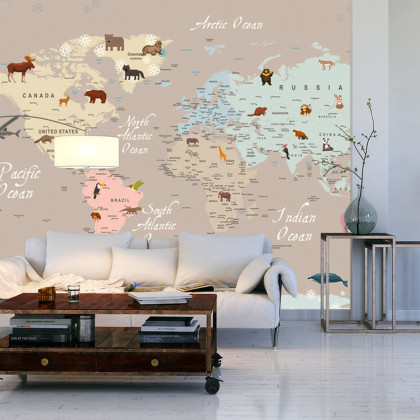 Fototapeta Animals World Map For Kids Wallpaper Design