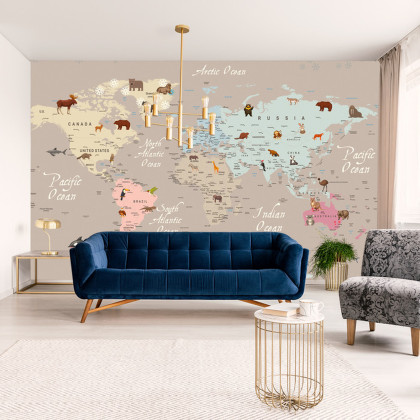 Fototapeta Animals World Map For Kids Wallpaper Design