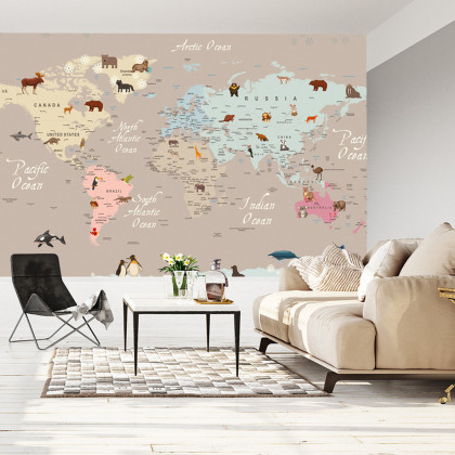 Fototapeta Animals World Map For Kids Wallpaper Design