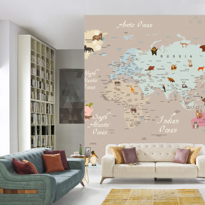 Fototapeta Animals World Map For Kids Wallpaper Design