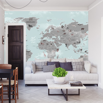 Fototapeta Animals World Map For Kids Wallpaper Design