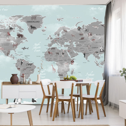 Fototapeta Animals World Map For Kids Wallpaper Design