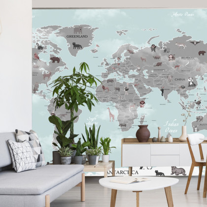 Fototapeta Animals World Map For Kids Wallpaper Design