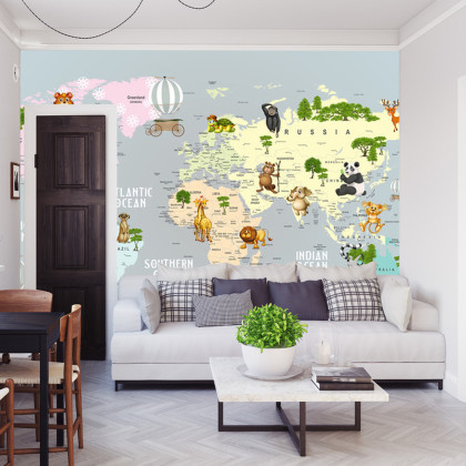 Fototapeta Animals World Map For Kids Wallpaper Design