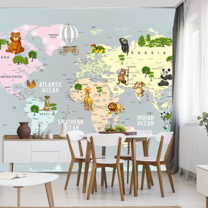 Fototapeta Animals World Map For Kids Wallpaper Design