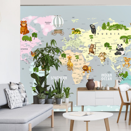 Fototapeta Animals World Map For Kids Wallpaper Design