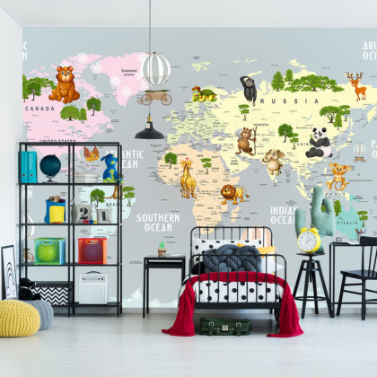 Fototapeta Animals World Map For Kids Wallpaper Design