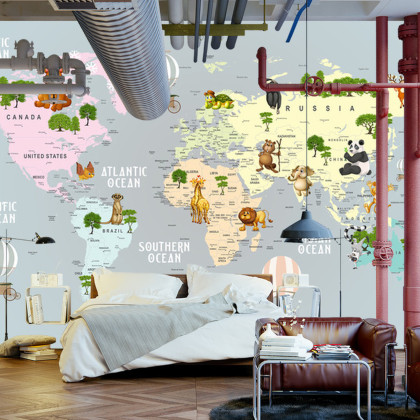 Fototapeta Animals World Map For Kids Wallpaper Design