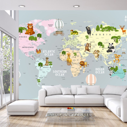 Fototapeta Animals World Map For Kids Wallpaper Design