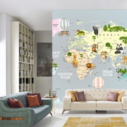 Fototapeta Animals World Map For Kids Wallpaper Design