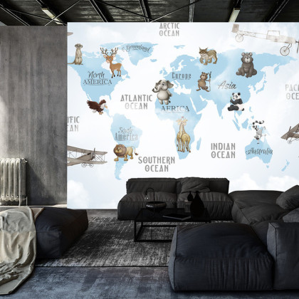 Fototapeta Animals World Map For Kids Wallpaper Design
