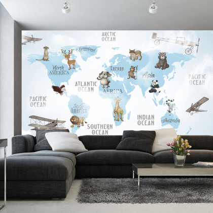 Fototapeta Animals World Map For Kids Wallpaper Design