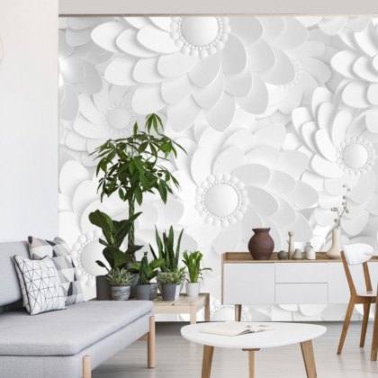 Fototapeta Beautiful, Elegant Paper Flower In The Style Of Hand-Made On A White Wall. 3D , 3D Rendering.