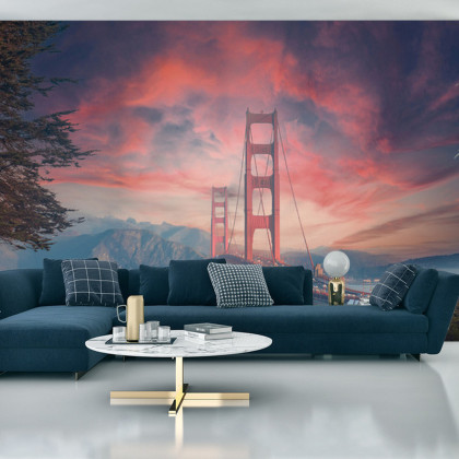 Fototapeta Beautiful View Of Golden Gate Bridge In Background Of Mountains During Sunset