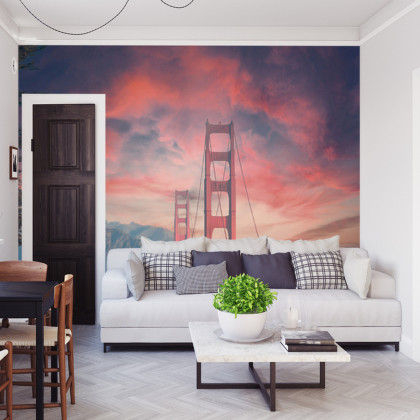 Fototapeta Beautiful View Of Golden Gate Bridge In Background Of Mountains During Sunset
