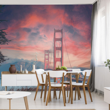 Fototapeta Beautiful View Of Golden Gate Bridge In Background Of Mountains During Sunset