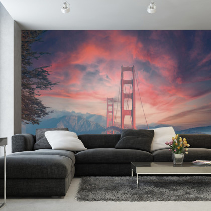 Fototapeta Beautiful View Of Golden Gate Bridge In Background Of Mountains During Sunset
