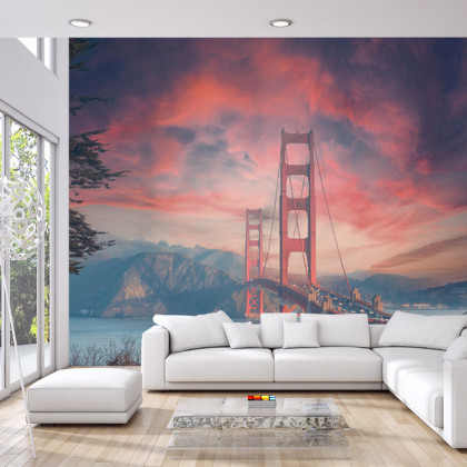 Fototapeta Beautiful View Of Golden Gate Bridge In Background Of Mountains During Sunset