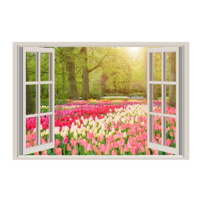 Fototapeta Window With Beautiful Spring Tulips Flowers Garden In Netherlands.