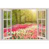 Fototapeta Window With Beautiful Spring Tulips Flowers Garden In Netherlands.