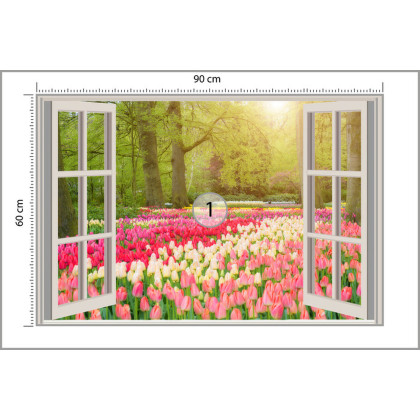 Fototapeta Window With Beautiful Spring Tulips Flowers Garden In Netherlands.