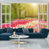 Fototapeta Window With Beautiful Spring Tulips Flowers Garden In Netherlands.