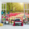 Fototapeta Window With Beautiful Spring Tulips Flowers Garden In Netherlands.