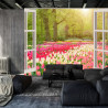 Fototapeta Window With Beautiful Spring Tulips Flowers Garden In Netherlands.
