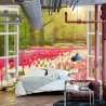 Fototapeta Window With Beautiful Spring Tulips Flowers Garden In Netherlands.