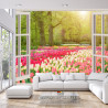 Fototapeta Window With Beautiful Spring Tulips Flowers Garden In Netherlands.