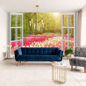Fototapeta Window With Beautiful Spring Tulips Flowers Garden In Netherlands.