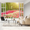 Fototapeta Window With Beautiful Spring Tulips Flowers Garden In Netherlands.