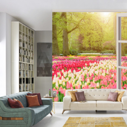 Fototapeta Window With Beautiful Spring Tulips Flowers Garden In Netherlands.