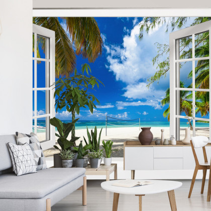 Fototapeta View From An Open Window To A Tropical Landscape.