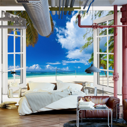 Fototapeta View From An Open Window To A Tropical Landscape.