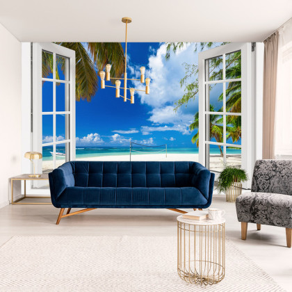 Fototapeta View From An Open Window To A Tropical Landscape.
