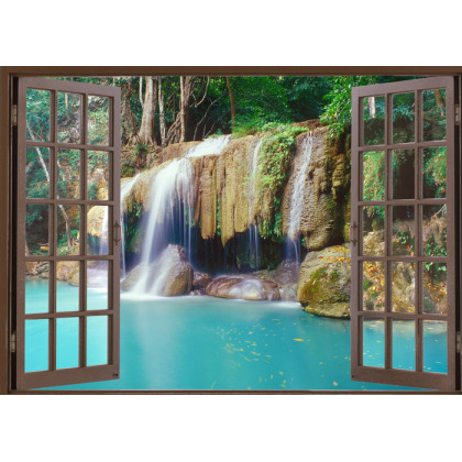 Fototapeta Open Window View To Deep Jungle Waterfall