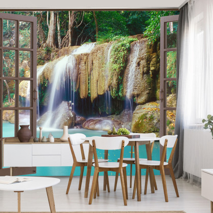 Fototapeta Open Window View To Deep Jungle Waterfall