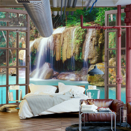 Fototapeta Open Window View To Deep Jungle Waterfall