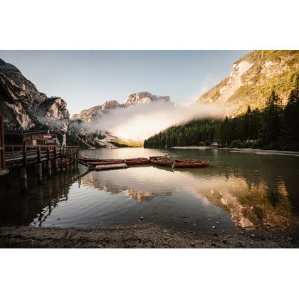 Fototapeta Boats On The Braies Lake, Pragser Wildsee In Dolomites Mountains, Sudtirol, Italy Dolomite.